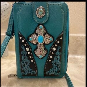 American Bling Teal and Black Crossbody Wallet with Embellishments nwot